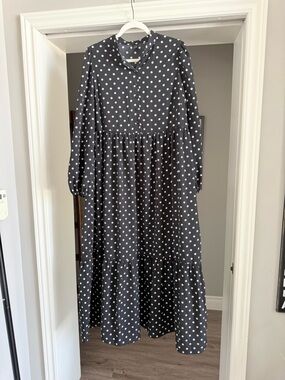 Black Polka Dot Long Sleeve Tiered Maxi Dress